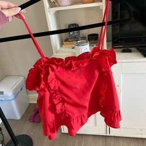 Red frilly top